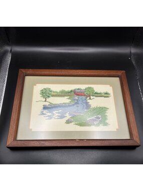 Framed Cross-Stitch Landscape Scene With River & Covered Bridge Cottagecore Rust